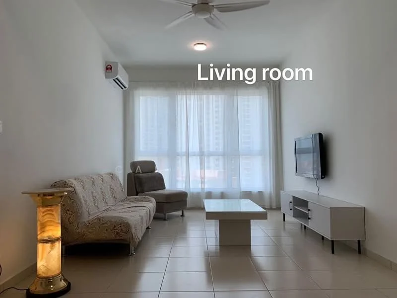 Living features: 3-seater fabric sofa in beige, armchair in grey, coffee table in white, wall-mounted TV, TV console in white, floor-to-ceiling windows, sheer curtains, 1 wall-mounted split AC, ceiling fan with light, tile flooring, decorative lamp, neutral painted walls; style: modern; view: city.