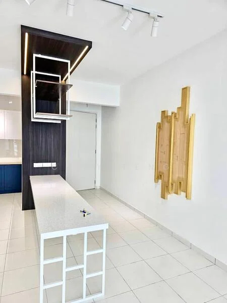 Kitchen features: white quartz countertop, blue cabinetry, dark wood cabinetry, open shelving, recessed lighting, track lighting, white tiled flooring, decorative wall art, single-bowl stainless-steel sink, modern faucet; style: modern.