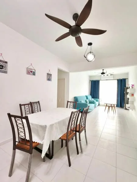Dining features: 6-seater dining table with white tablecloth, 8 dining chairs with wooden seats, white painted walls, ceramic tile flooring, 5-blade ceiling fan, pendant light fixture, floor-to-ceiling windows with blue curtains, sofa in teal color visible in background, decorative wall art, open layout to living area; style: modern.