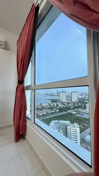 Room features: floor-to-ceiling windows, red curtains, white walls, tile flooring, air conditioning unit; style: modern; view: city.