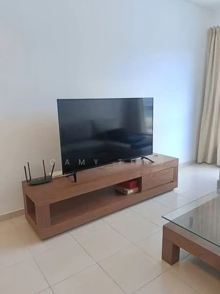 Living features: large flat-screen TV, wooden TV console, glass coffee table, beige tiled flooring, light-colored walls, curtains, router on TV console; style: modern.