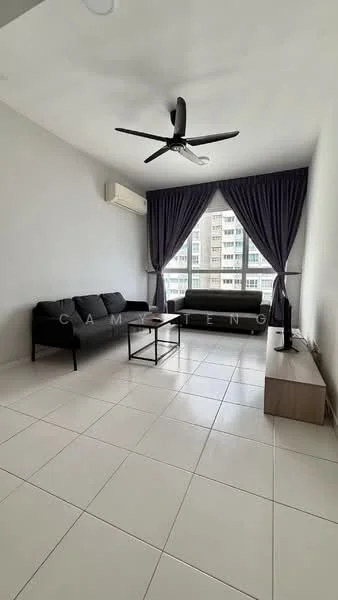 Living features: 3-seater fabric sofa in black, 2-seater fabric sofa in black, coffee table, wall-mounted TV console, floor-to-ceiling windows, grey curtains, white painted walls, tile flooring, 1 wall-mounted split AC, ceiling fan with light; style: modern; view: city.