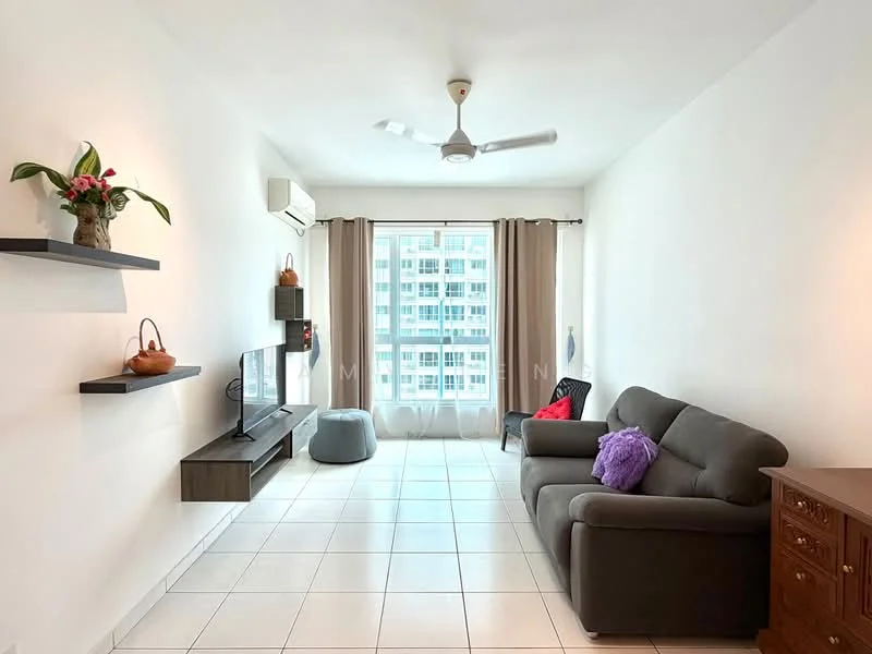 Living features: grey fabric 3-seater sofa, black armchair, wall-mounted TV, floating shelves, light-colored curtains, ceiling fan with light, white painted walls, tile flooring, decorative houseplants, wooden side table, purple decorative pillow; style: modern.