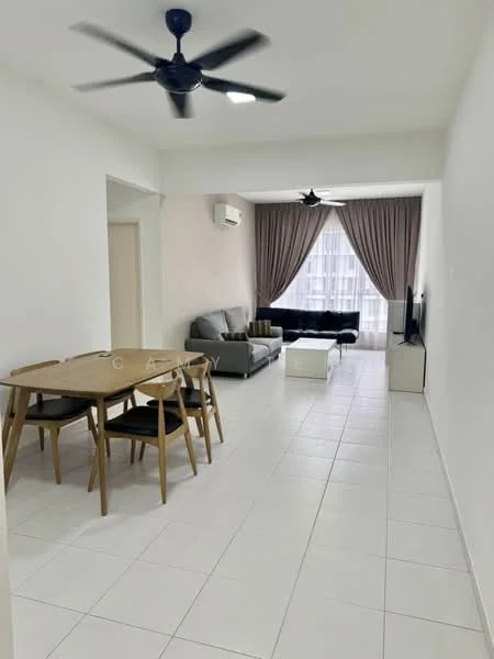 Living features: white painted walls, tile flooring, 5-blade ceiling fan with light, sofa in grey, coffee table, TV console, wall-mounted TV, curtains, dining table with 4 chairs, air conditioning unit; style: modern.