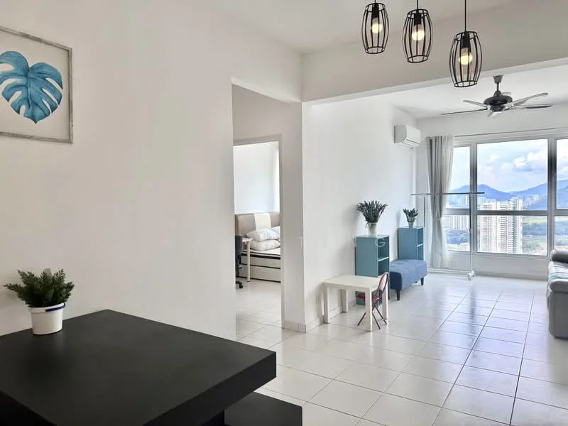 Living features: white painted walls, tile flooring, 5-blade ceiling fan with light, floor-to-ceiling windows, city view, sofa in light grey, coffee table, decorative wall art, potted plants, air conditioning unit; style: modern; view: city. Room features: white painted walls, tile flooring, doorway leading to bedroom, light-colored bed visible, window with natural light.