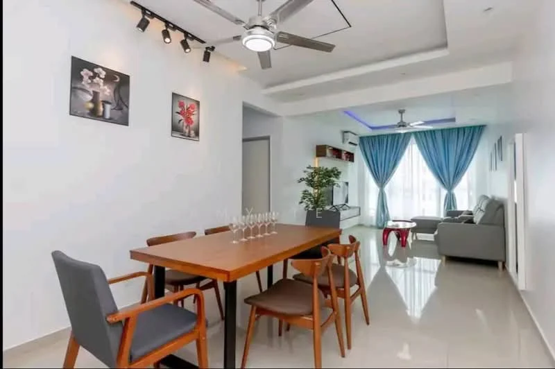 Dining features: dining table with 6 chairs, white painted walls, recessed ceiling lights, 5-blade ceiling fan with light, polished tile flooring, decorative wall art, greenery in pot, curtains in blue, open layout to living area; style: modern. Living features: grey fabric sofa, coffee table, TV console, floor-to-ceiling windows, curtains in blue, wall-mounted TV, decorative shelving unit; style: modern.