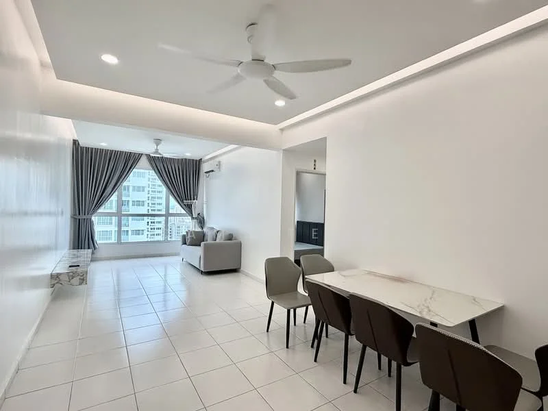 Living features: white painted walls, tile flooring, 5-blade ceiling fan with light, floor-to-ceiling windows, grey curtains, sofa in light grey, marble-top dining table, 4 upholstered dining chairs in brown, decorative wall panel, natural light from windows; style: modern; view: city.