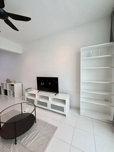 Living features: white painted walls, white tiled flooring, black ceiling fan, wall-mounted TV, white TV console with storage, black coffee table, area rug with geometric pattern, open shelving unit, curtains, decorative items on shelves; style: modern.