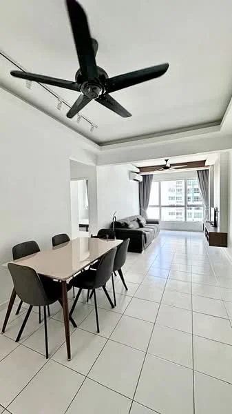 Living features: white painted walls, tile flooring, 5-blade ceiling fan with light, sofa, TV console, wall-mounted TV, dining table with 6 chairs, floor-to-ceiling windows, curtains, air conditioning unit; style: modern; view: city.