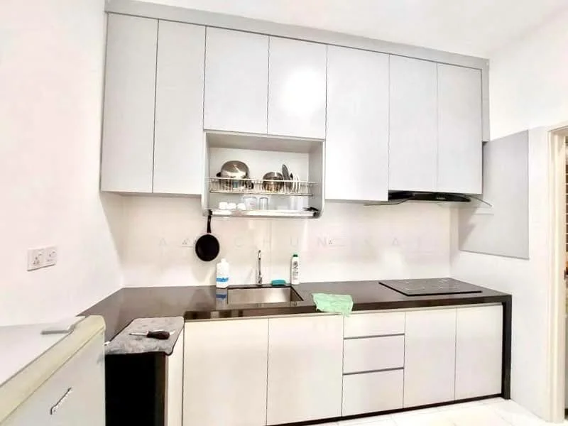 Kitchen features: white flat-panel cabinets, black countertop, stainless-steel sink, chrome pull-down faucet, built-in stove, open shelving, dish rack, kitchen utensils, tile backsplash, white walls, tile flooring; style: modern.