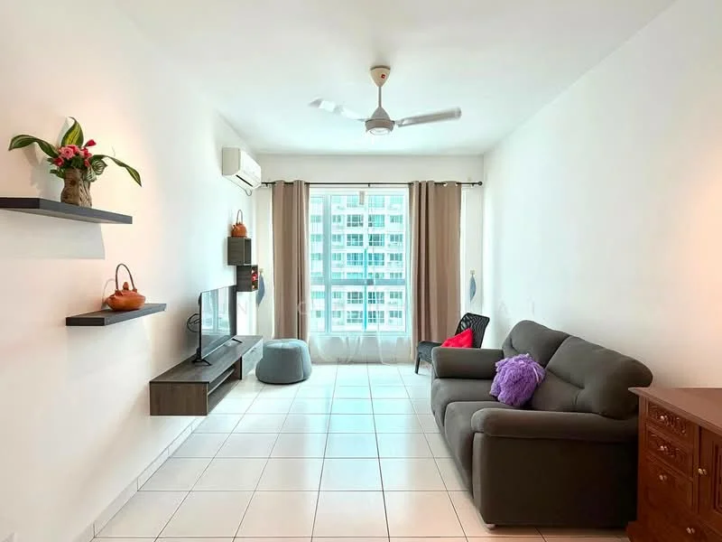 Living features: grey fabric 3-seater sofa, purple decorative pillow, light-colored wall, white ceiling, 5-blade ceiling fan with light, floor-to-ceiling windows, curtains in beige, wall-mounted TV, floating shelves, decorative plants, tile flooring, wooden TV console, bean bag chair; style: modern; view: city.