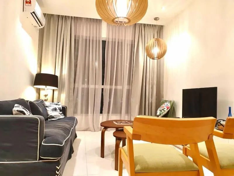 Living features: 3-seater fabric sofa in navy blue, wooden coffee table, 2 wooden armchairs, floor-to-ceiling windows with sheer curtains, recessed downlights, hanging pendant lights, wall-mounted TV, decorative cushion with floral pattern, white tiled flooring, air conditioning unit; style: modern.