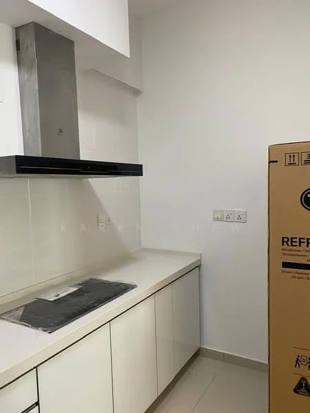 Kitchen features: white cabinetry, stainless-steel range hood, black countertop, built-in cooktop, white tiled backsplash, light-colored floor tiles, under-cabinet lighting, empty space for refrigerator; style: modern.