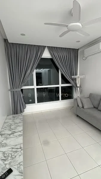Living features: grey fabric sofa, marble console table, white tiled flooring, 5-blade ceiling fan, floor-to-ceiling windows, grey curtains, wall-mounted air conditioning unit, decorative wall with minimal design; style: modern.