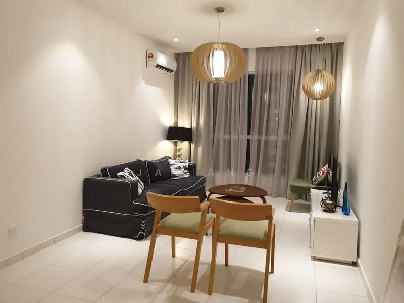 Living features: 3-seater fabric sofa in navy blue, wooden coffee table, 2 wooden dining chairs with green upholstery, wall-mounted TV, white TV console, floor-to-ceiling windows with sheer curtains, recessed downlights, 1 ceiling pendant light, 1 floor lamp, air conditioning unit on wall, light-colored tiled flooring, decorative wall art; style: modern.