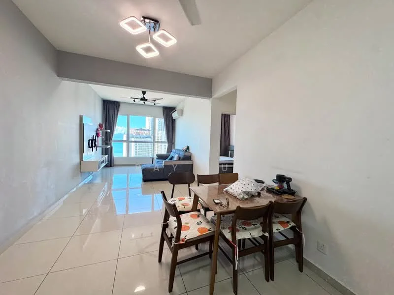 Dining features: dining table with four chairs, white walls, glossy tile flooring, recessed ceiling lights, ceiling fan, window with city view, decorative tablecloth, wall-mounted TV, sofa in background; style: modern; view: city.