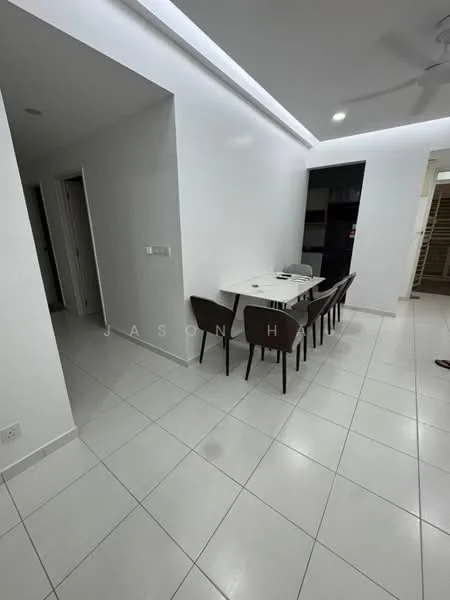 Dining features: white painted walls, white ceiling with recessed lighting, rectangular dining table, 6 upholstered dining chairs in grey, ceramic tile flooring, ceiling fan, open layout, doorway leading to hallway; style: modern.