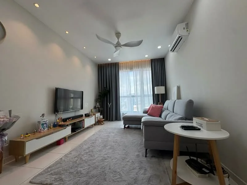 Living features: light grey fabric sectional sofa, white coffee table, wall-mounted flat-screen TV, TV console with storage, recessed downlights, 5-blade ceiling fan with light, floor-to-ceiling windows, sheer curtains, grey area rug, air conditioning unit, decorative wall art; style: modern; view: city.