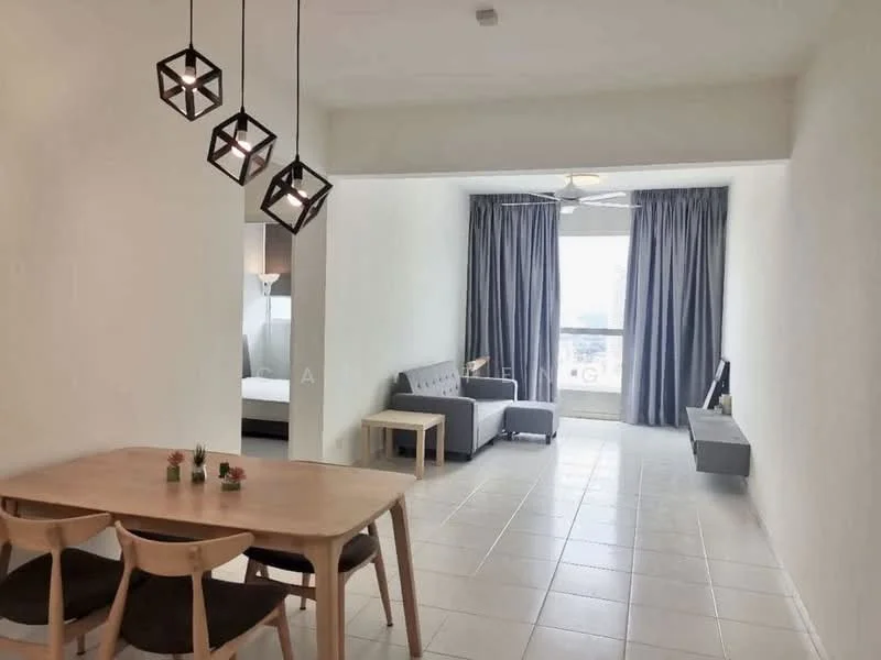 Living features: grey fabric sofa, wooden coffee table, TV console, wall-mounted TV, 5-blade ceiling fan, floor-to-ceiling windows, curtains, light-colored tiled flooring, decorative plants on table, dining table with wooden chairs, geometric pendant lighting; style: modern; view: city.