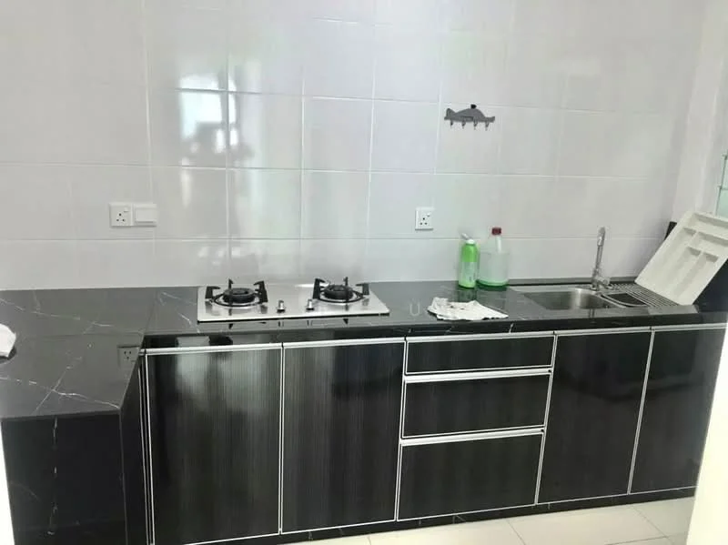 Kitchen features: black marble countertop, stainless-steel sink, chrome faucet, 2-burner gas hob, black cabinetry with metallic finish, white tiled walls, white floor tiles, wall-mounted utensil rack; style: modern.