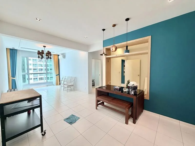 Living features: white painted walls, blue accent wall, tile flooring, floor-to-ceiling windows, sheer curtains, chandelier with multiple bulbs, pendant lights, wooden console table, mirror, decorative flowers, open layout, natural light, seating area with chairs; style: modern; view: city.