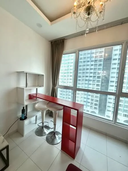 Room features: white painted walls, tray ceiling, floor-to-ceiling windows, sheer curtains, red bar table, 2 white bar stools with chrome base, ceramic tile flooring, chandelier; style: modern; view: city.