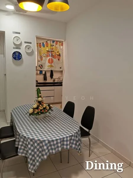 Dining features: round dining table with checkered tablecloth, 4 black dining chairs, wall clock, decorative wall art, white painted walls, tile flooring, kitchen area visible in background with cabinets, kitchen countertop, flowers in vase on table; style: modern.