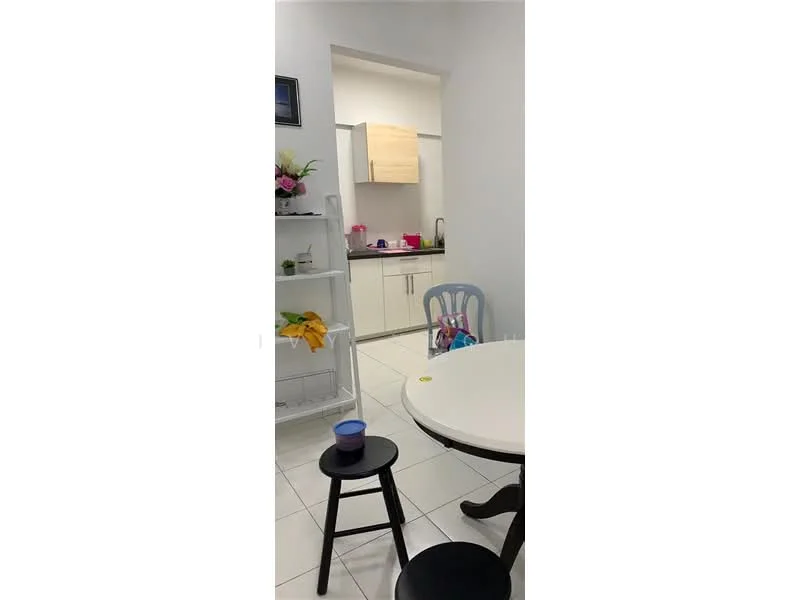 Kitchen features: white painted walls, tile flooring, kitchen cabinets, countertop, sink, stainless-steel faucet, open shelving, round dining table, stool, decorative plants; style: modern.