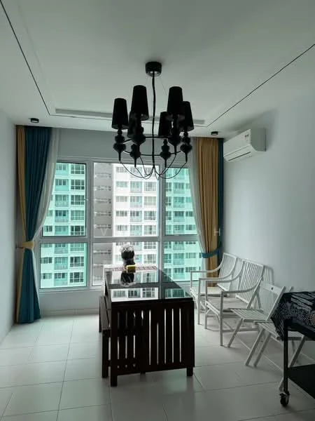 Dining features: white painted walls, tile flooring, tray ceiling, chandelier with black shades, floor-to-ceiling windows, curtains in blue and gold, wooden dining table, white wicker chairs, wall-mounted split AC; style: modern; view: city.