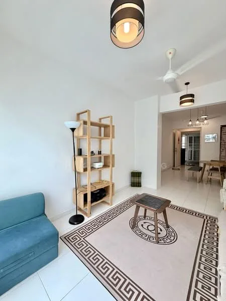 Living features: light grey fabric sofa, wooden coffee table, decorative area rug with geometric pattern, floor lamp with black and white shade, open shelving unit in light wood, ceiling fan, two pendant lights with black and white shades, white painted walls, white tiled flooring; style: modern.