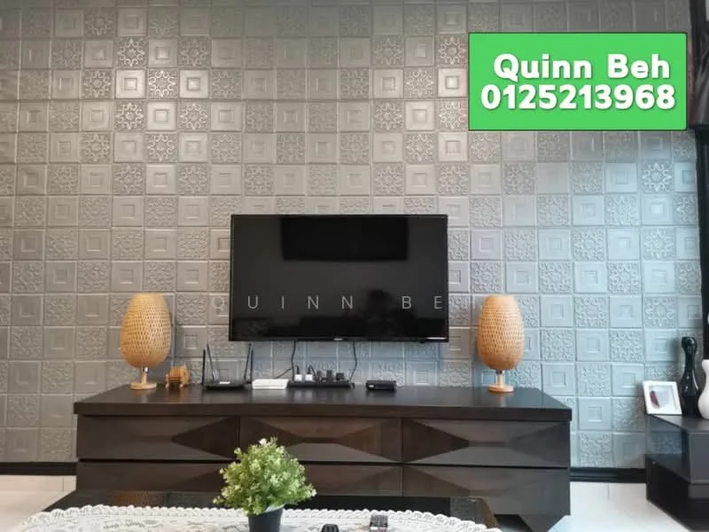 Living features: textured wall with decorative panels, dark wood TV console, wall-mounted flat-screen TV, two decorative table lamps, white lace table runner, decorative plant on console, neutral-colored flooring, black accent wall; style: modern.