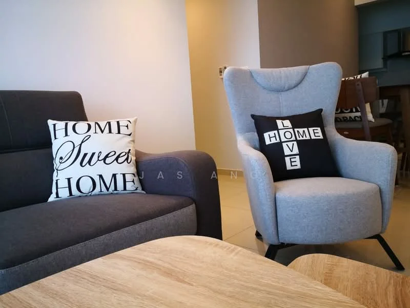 Living features: grey fabric 3-seater sofa, black and white decorative pillows with text, light grey upholstered armchair, wooden coffee table, cream tiled flooring, neutral painted walls, recessed lighting, open layout to adjacent dining area; style: modern.