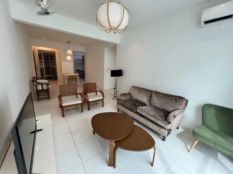 Living features: 3-seater fabric sofa in beige, 2 wooden armchairs, round wooden coffee table, wall-mounted TV, white tiled flooring, ceiling fan, recessed downlights, decorative floor lamp, green upholstered chair, open layout to dining area; style: modern.