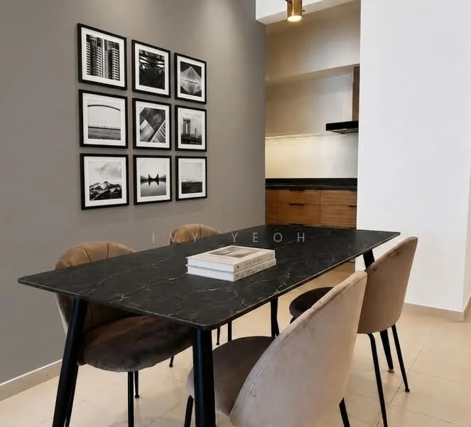 Dining features: black marble dining table, 4 upholstered dining chairs in beige, grey painted walls, framed black and white artwork on walls, recessed ceiling lights, tile flooring, wood cabinetry in background, open kitchen layout; style: modern.