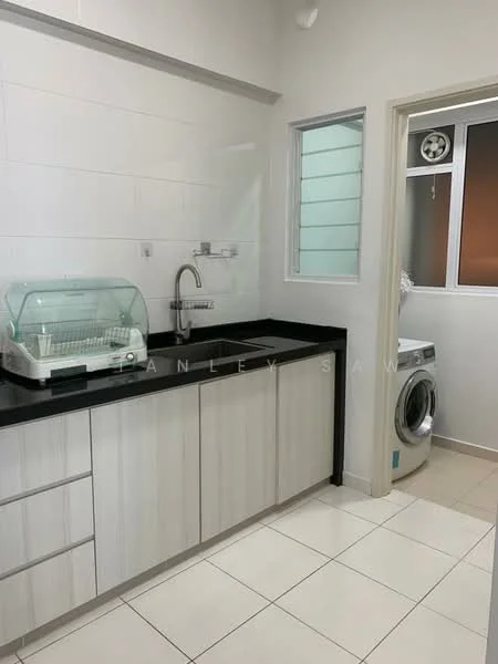 Kitchen features: black granite countertop, light wood cabinetry, single-bowl stainless-steel sink, chrome pull-down faucet, built-in washing machine, white tiled walls, white tiled flooring, window with frosted glass, under-cabinet lighting; style: modern.