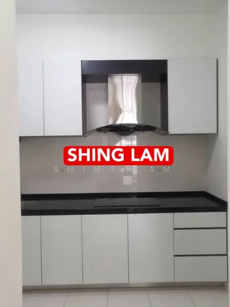 Kitchen features: white flat-panel cabinets, black granite countertop, stainless-steel range hood, built-in oven, ceramic tile flooring, single-bowl stainless-steel sink, chrome pull-down faucet, wall-mounted cabinets, under-cabinet lighting; style: modern.