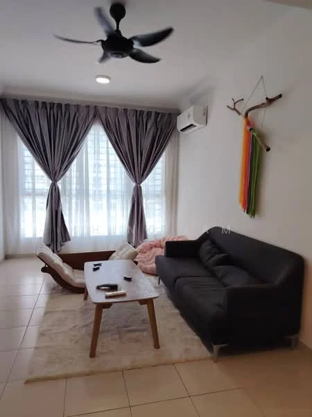 Living features: 3-seater leather sofa in black, wooden coffee table, area rug, floor-to-ceiling windows, sheer curtains, dark grey curtains, wall-mounted split AC, ceiling fan with light, decorative wall hanging; style: modern.