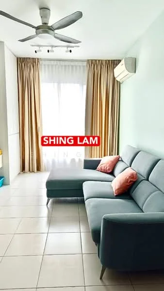 Living features: 3-seater fabric sofa in light grey, 2 decorative cushions in pink, floor-to-ceiling windows, sheer curtains, cream curtains, wall-mounted split AC, light-colored tiled flooring, light green painted walls, ceiling fan with light; style: modern.