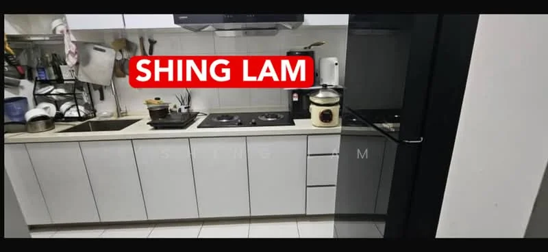Kitchen features: grey cabinetry, white countertop, double-bowl stainless-steel sink, chrome pull-down faucet, 4-burner gas hob, built-in oven, microwave, stainless-steel range hood, tile backsplash, white tiled flooring, recessed downlights; style: modern.