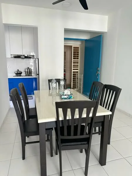 Dining features: 6-seater dining table with marble top, black wooden dining chairs, white tiled flooring, blue kitchen cabinetry, stainless-steel appliances, open doorway leading to kitchen, ceiling fan, decorative centerpiece on table; style: modern.