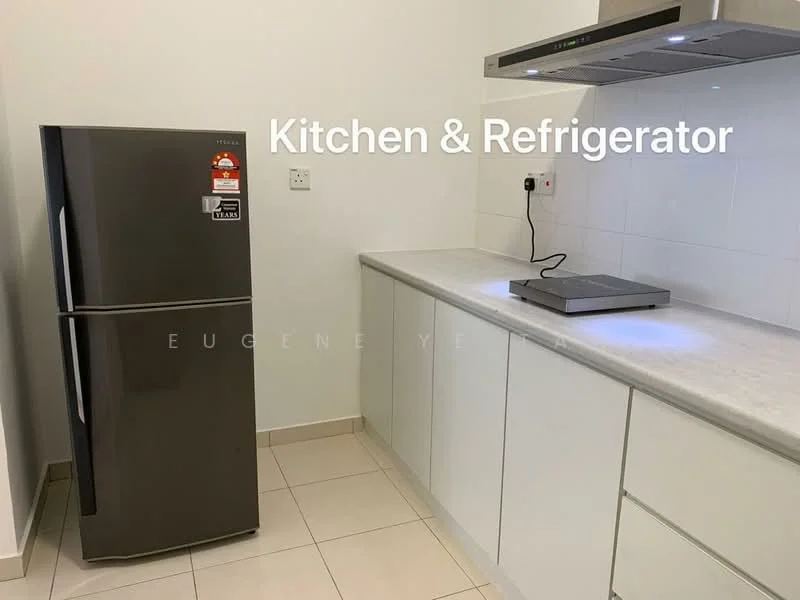 Kitchen features: stainless-steel fridge, built-in oven, ceramic cooktop, white cabinetry, grey countertop, wall-mounted range hood, tile flooring, white tiled backsplash; style: modern.