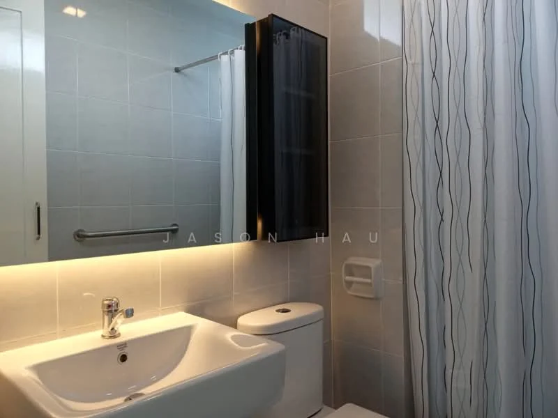 Bathroom features: white ceramic sink, chrome basin mixer faucet, wall-mounted mirror cabinet, white one-piece toilet, shower curtain, grey tiled walls, white tiled flooring, backlit mirror; style: modern.