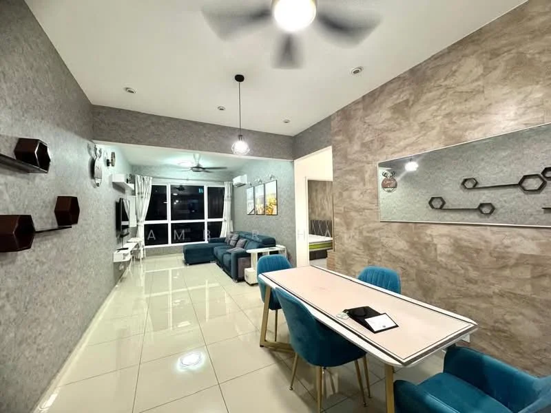 Living features: grey accent wall, light grey wallpaper, white ceiling with recessed downlights, 5-blade ceiling fan with light, large windows with city view, polished ceramic tile flooring, blue upholstered dining chairs, white dining table, wall-mounted TV, floating shelves, decorative wall art, sofa set in dark blue, area rug; style: modern; view: city.