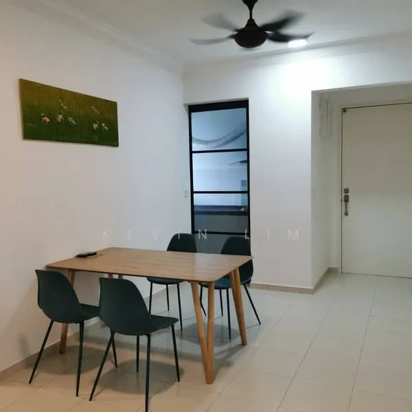 Dining features: wooden dining table, 4 dining chairs in green, white painted walls, ceiling fan, tile flooring, window with black frame, door leading to another room, decorative wall art with green landscape; style: modern.