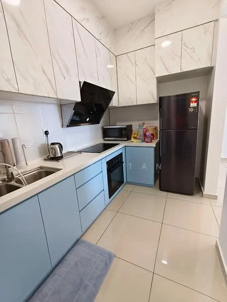 Kitchen features: light blue cabinetry, white marble countertop, stainless-steel single-bowl sink, chrome pull-down faucet, built-in oven, freestanding microwave, stainless-steel fridge, ceramic tile flooring, recessed downlights, white tiled backsplash, kitchen rug, wall-mounted range hood; style: modern.