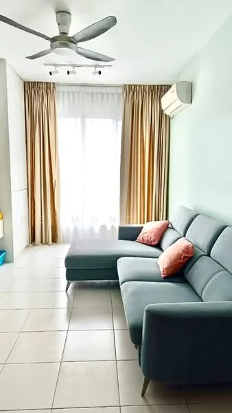 Living features: 3-seater fabric sofa in light grey, 2 decorative cushions in pink, floor-to-ceiling windows with sheer curtains, cream-colored curtains, wall-mounted split AC, light-colored walls, tile flooring, ceiling fan with light, recessed downlights; style: modern.