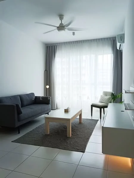 Living features: 3-seater fabric sofa in grey, coffee table, area rug, floor-to-ceiling windows, sheer curtains, ceiling fan, wall-mounted TV console, decorative lamp, light-colored walls, tile flooring; style: modern.