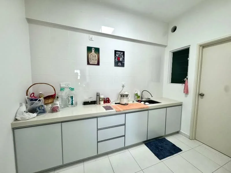Kitchen features: white tiled walls, light grey cabinetry, countertop with integrated sink, single-bowl stainless-steel sink, chrome pull-down faucet, built-in electric stove, microwave, basket for storage, plastic bottles, kitchen towel, blue rug, window with green shutters; style: modern.