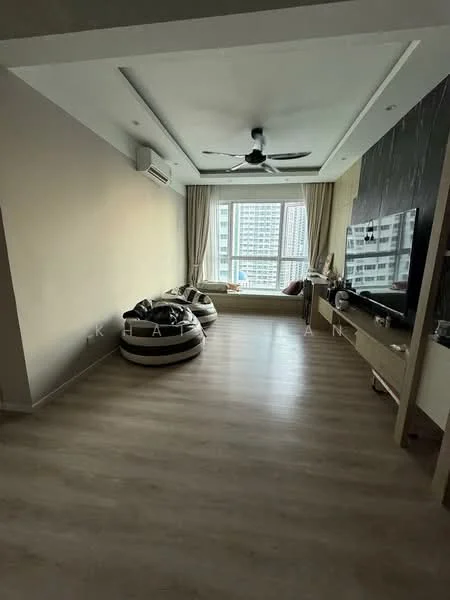 Living features: light wood laminate flooring, white painted walls, tray ceiling, 5-blade ceiling fan with light, large floor-to-ceiling windows, curtains, wall-mounted TV, TV console, bean bag chairs, decorative wall panel, air conditioning unit; style: modern; view: city.
