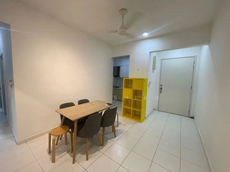 Dining features: white painted walls, white tiled flooring, ceiling fan, dining table with light wood finish, 4 grey upholstered dining chairs, yellow open shelving unit, main entrance door, doorway to kitchen, natural light from adjacent room; style: modern.